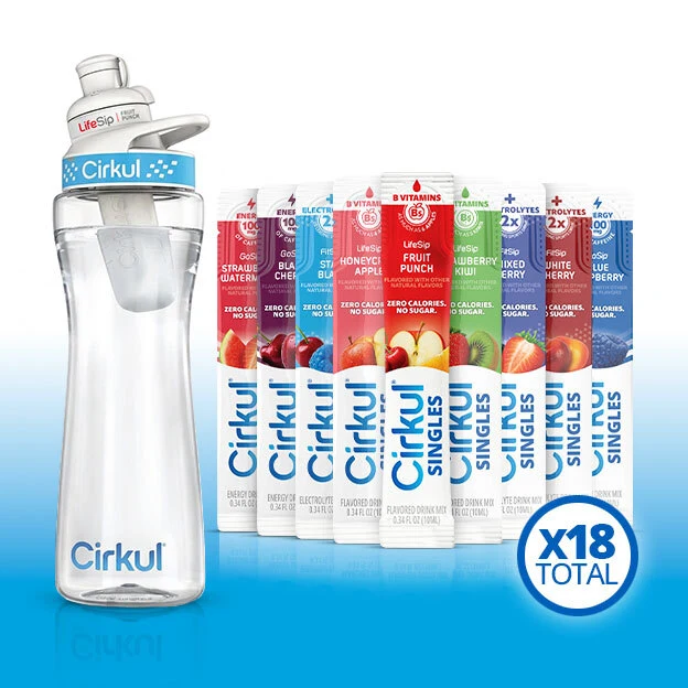 Cirkul 22oz. Plastic Bottle, LifeSip® Fruit Punch, & 18pk Cirkul® Singles - Model BUND-PB22-1PKLIFEFP-US-SINGLES-18PK